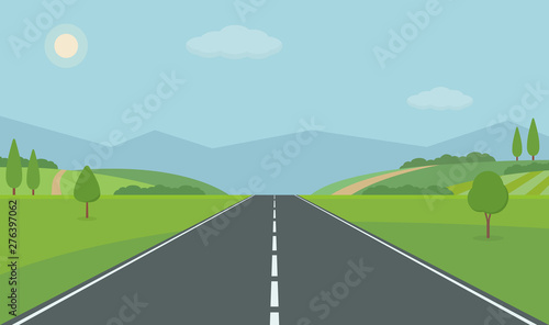 Straight empty road through the countryside. Green hills, blue sky, meadow and mountains. Summer landscape vector illustration.