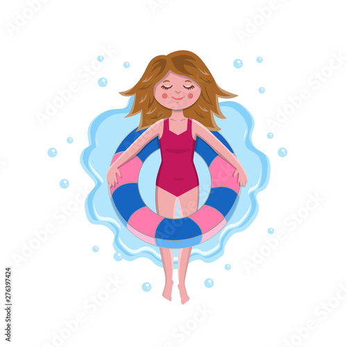 Smiling teenage girl relax on floating inner swimming tube, closed eyes, body half submerged in water. Colored cartoon flat vector illustration isolated on white background