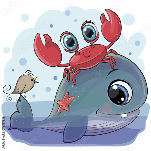 Cartoon Whale with crab and bird photo