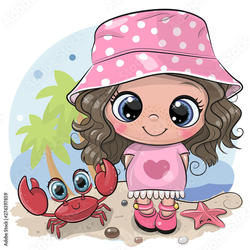Cartoon Girl in a Panama hat and crab on the beach
