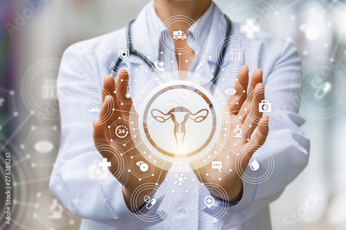 Foto The doctor shows the icon of the female uterus .