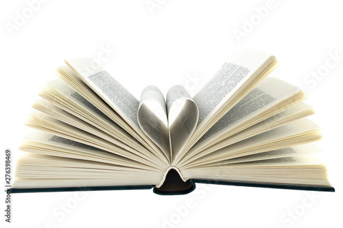 open book, pages folded in heart shape, isolated on white background