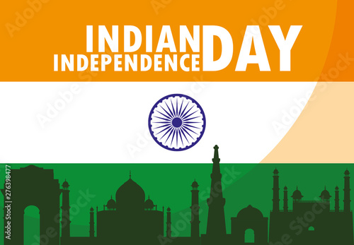 indian independence day with flag and buildings monuments