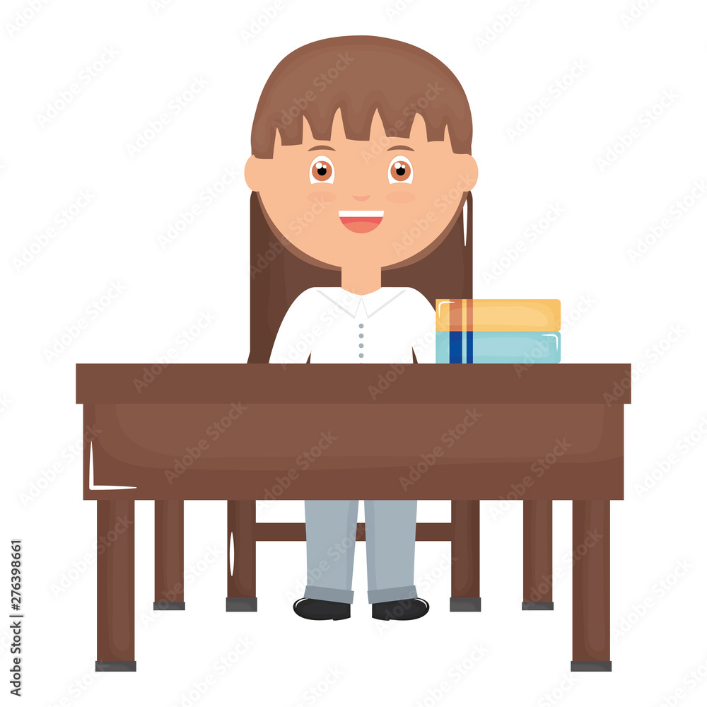 cute little student girl with textbooks in schooldesk
