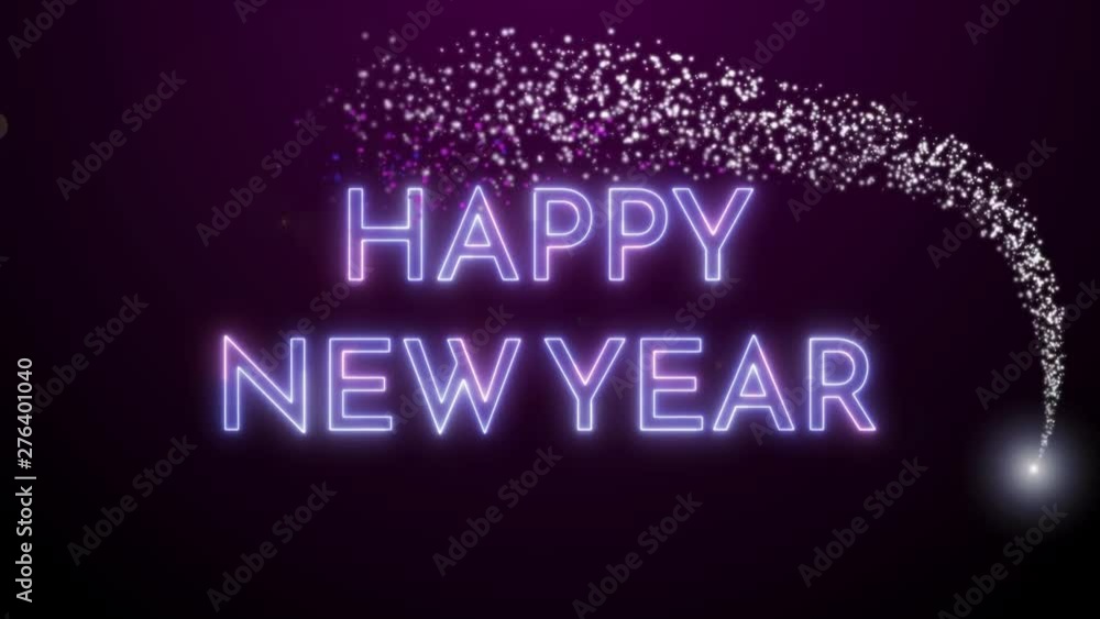 Happy New Year greeting text with a light flare on a black background. Colorful neon text that flies in. Happy New Year greeting text with a light flare on a black background. Colorful neon text that flies in.