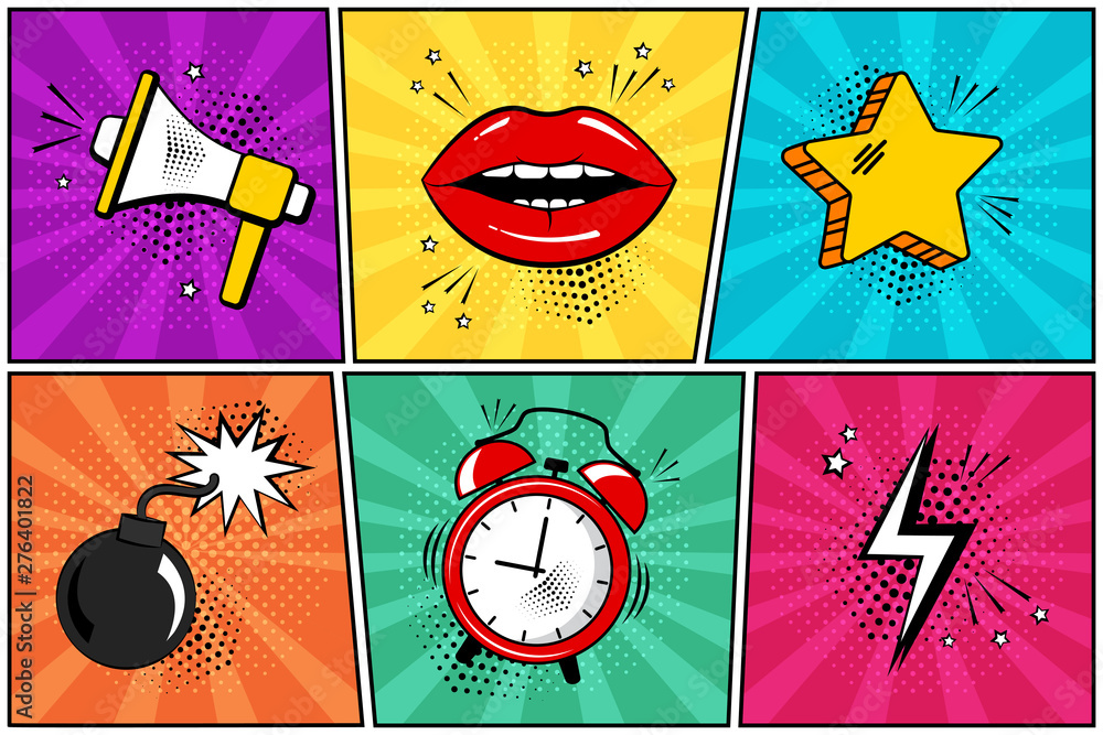 Naklejka premium Colorful set of comic icon in pop art style. Megaphone, lips, star, bomb, alarm clock, lightning. Vector illustration