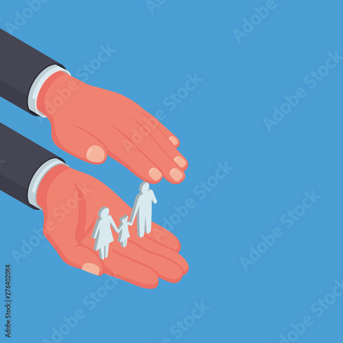 Family protection 3d style. Insurance concept. Insurance agent hold in hand family symbol. Vector illustration isometric design. Isolated on background. Health care, safety. Paper chain people.