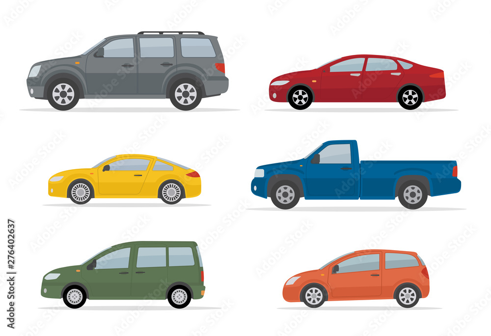 Collection of different cars. Isolated on white background. Side view. Flat style, vector illustration. 