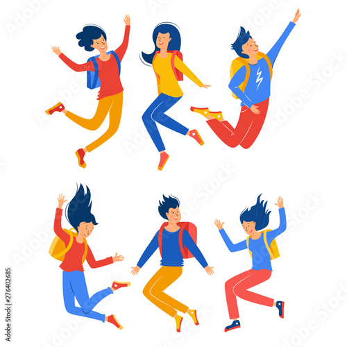 Set guys and girls jump. Students with backpacks. The concept of success in school university or college, good luck, good mood, friendship, back to school
