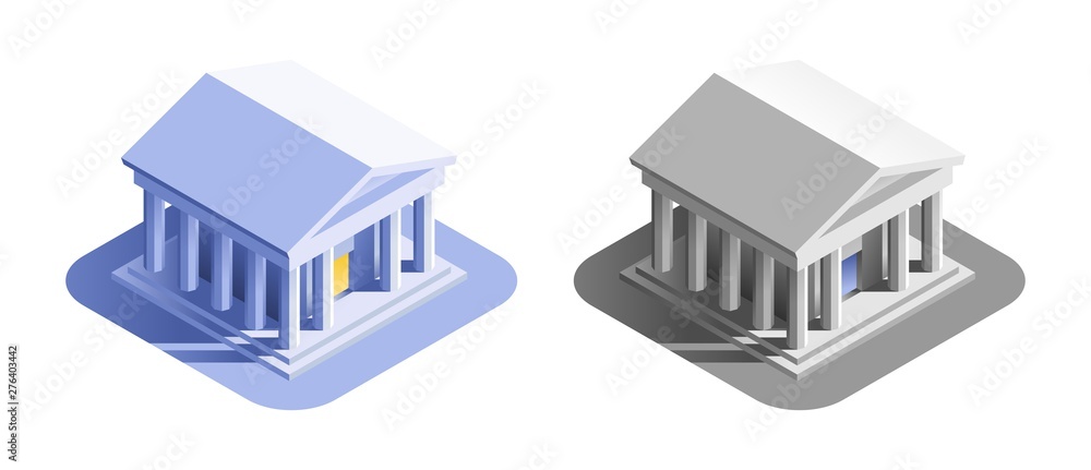 Bank Building. Isometric view at an exterior of a bank or a museum building, represented in different color variations. Bank Building. Isometric view at an exterior of a bank or a museum building, represented in different color variations.