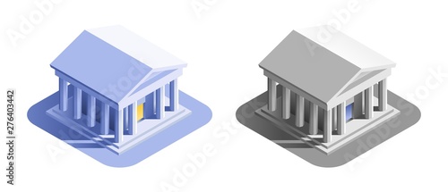 Bank Building. Isometric view at an exterior of a bank or a museum building, represented in different color variations.