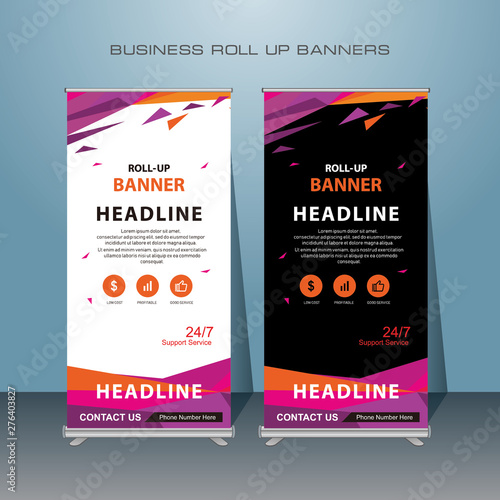 MOBILE APPS Roll up banner template, stand layout, red banner, orange red bannerapplication presentation, infographics, advertisement, flyer, x-banner, poster. photo