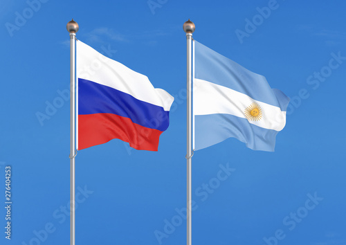 Russia vs Argentina. Thick colored silky flags of Russia and Argentina. 3D illustration on sky background. – Illustration