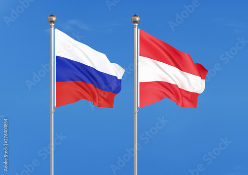Free Download Russia vs Austria. Thick colored silky flags of Russia and Austria. 3D illustration on sky background. – Illustration - GFXLoad