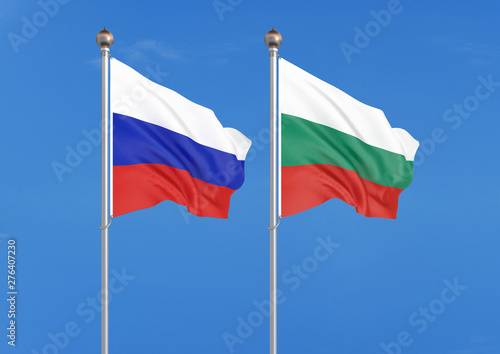 Russia vs Bulgaria. Thick colored silky flags of Russia and Bulgaria. 3D illustration on sky background. – Illustration