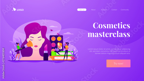 Woman in beautician parlor. Female character testing skin care product in beauty salon. Makeup courses, make up school, cosmetics masterclass concept. Website homepage header landing web page template © Visual Generation