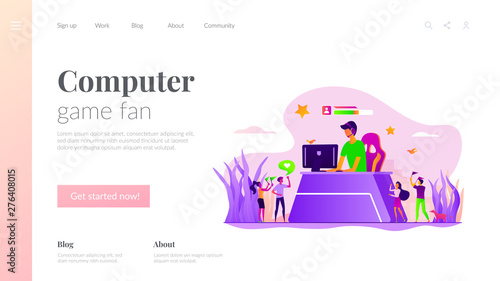 Professional streamer, digital leisure. Video blogger, gamer streaming live from home. E-sport fans, computer game fan, e-sport fan club concept. Website homepage header landing web page template.