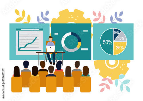 Vector illustration Office staff training. Team thinking. Increase sales and skills