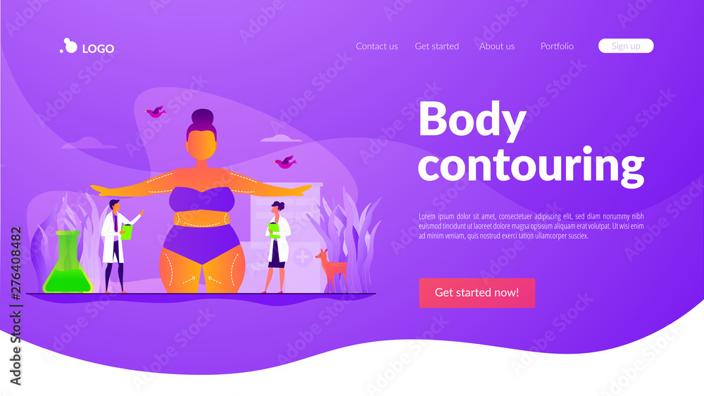 Beauty clinic, liposuction procedure, appearance change. Patient and doctors. Body contouring, body correction surgery, body plastic service concept. Website homepage header landing web page template. Beauty clinic, liposuction procedure, appearance change. Patient and doctors. Body contouring, body correction surgery, body plastic service concept. Website homepage header landing web page template.