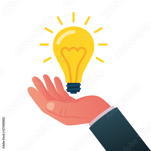 Idea in hand. Human hold big a glowing lamp. Vector illustration modern flat style design.
