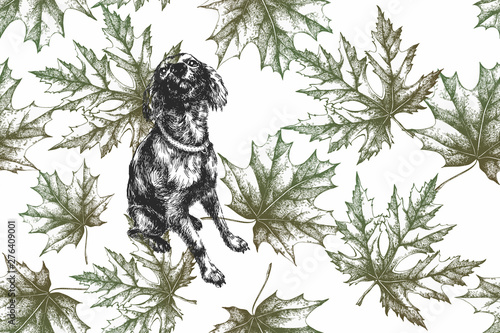 Wallpaper Mural Dog with maple leaves, autumn seamless pattern. Hand-drawn, vector illustration. Torontodigital.ca