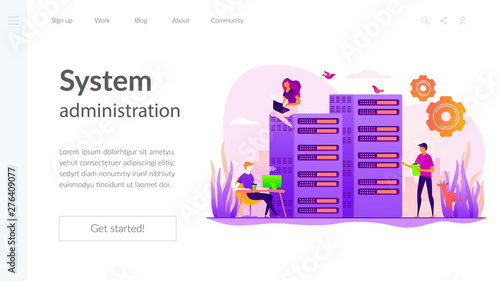 Server farm, mainframe maintenance. Datacenter diagnostics and support. System administration, network upkeeping, computer systems configuration concept. Website homepage header landing web page