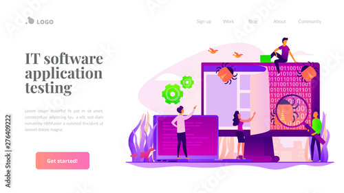 Antivirus app, malware protection. System protection, errors checking. IT software application testing, quality assurance, QA team and bug fixing concept. Website homepage header landing web page