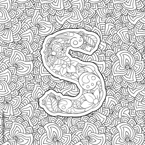 Coloring Book Floral Ornamental Alphabet, Initial Letter S Font. Vector Typography Symbol. Antistress Page for Adults and Monograms Isolated Ornament Design on Patterned Background