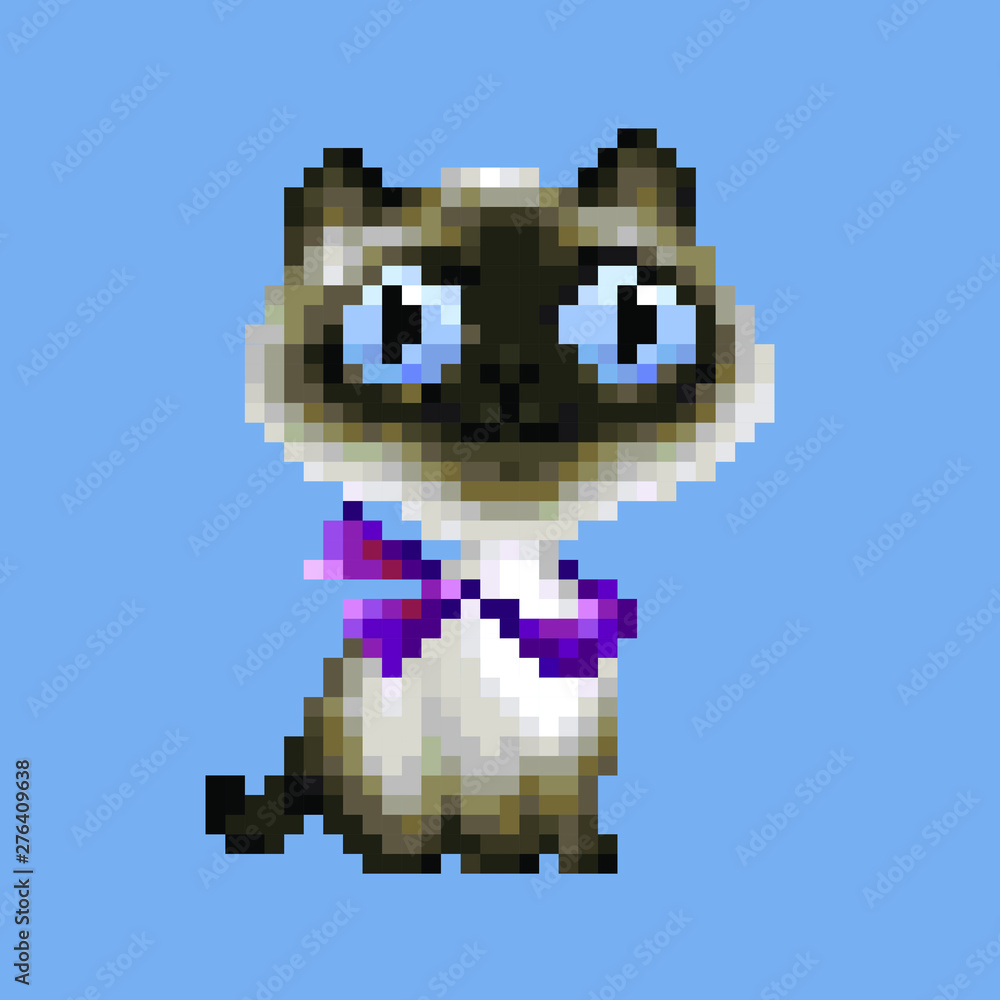Siamese cat vector pixel art cartoon. Kitten in purple kerchief isolated 