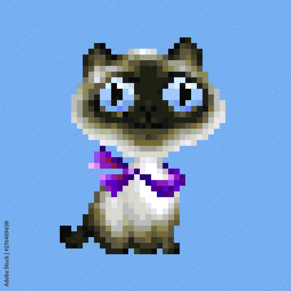 Naklejka premium Siamese cat vector pixel art cartoon. Kitten in purple kerchief isolated