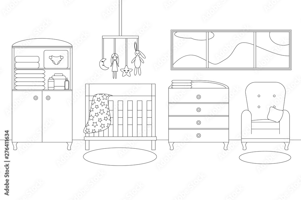 Vector Line Illustration of Baby Girl's Room with Furniture. White and Black Outline Sketch of Home Related. Vector Modern Interior Design in Line Art Style. Design of Children's Bedroom 