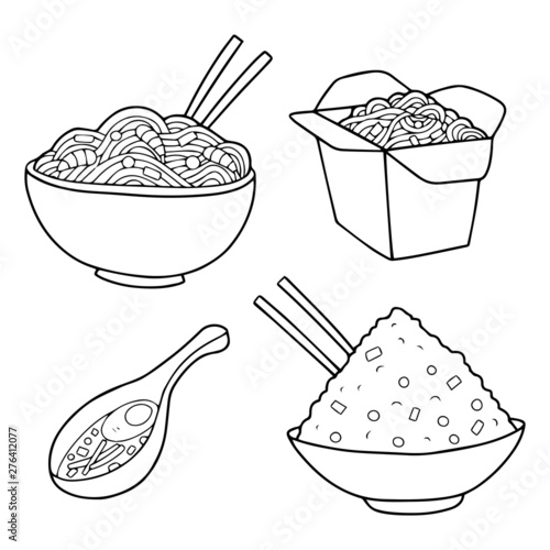 Set of four outline illustrations or icons of the chinese food. 