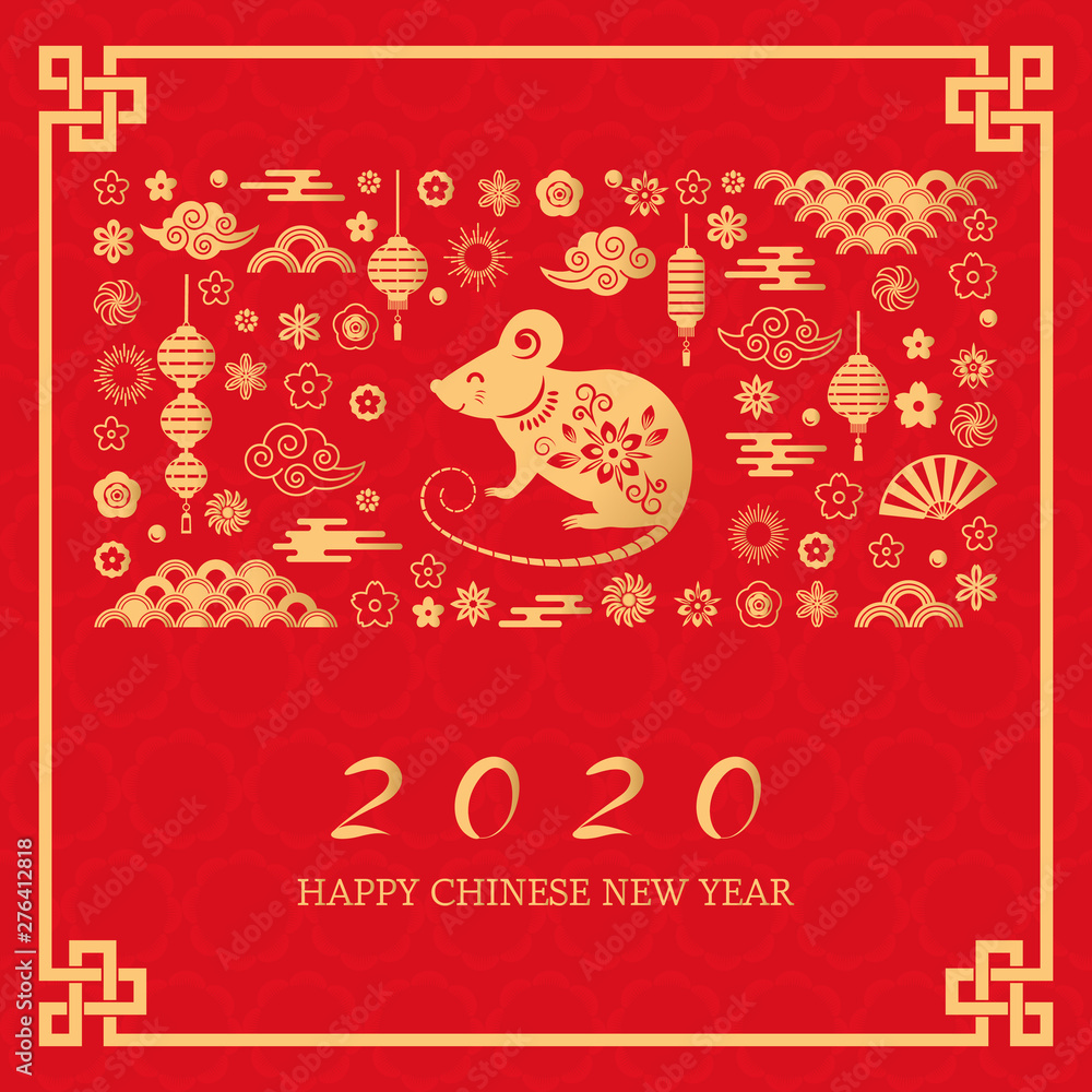 Happy Chinese New Year. The white rat is the symbol of 2020 Chinese year of the new year. Template banner, poster, greeting cards. Fan, rat, cloud, lantern, flowers. Happy Chinese New Year. The white rat is the symbol of 2020 Chinese year of the new year. Template banner, poster, greeting cards. Fan, rat, cloud, lantern, flowers.