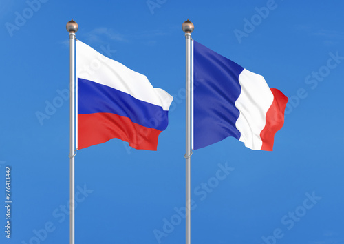 Russia vs France. Thick colored silky flags of Russia and France. 3D illustration on sky background. – Illustration