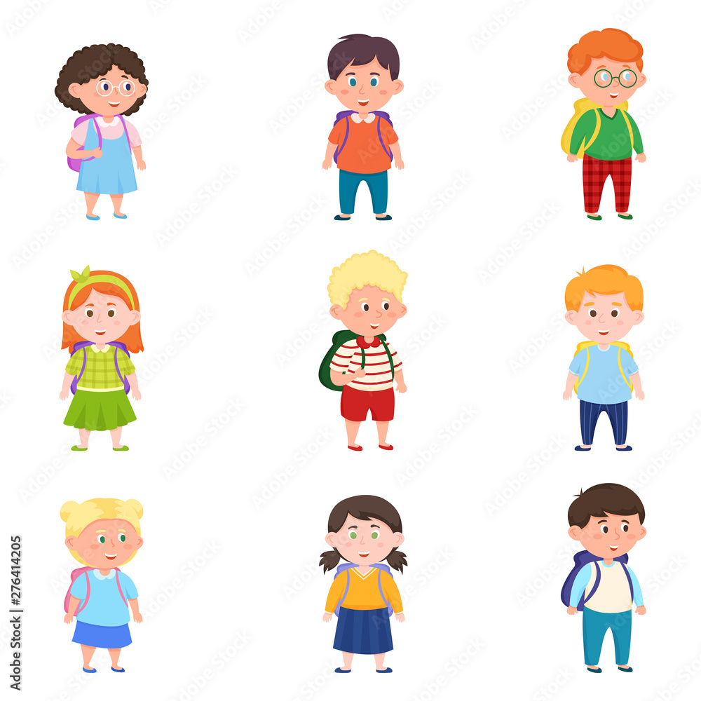 Set of different cute and happy school kids with backpacks Set of different cute and happy school kids with backpacks
