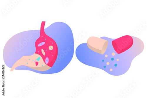 Set of vitamin conceps. Stomach with vitamons in it, open capsule. Modern flat vector illustration