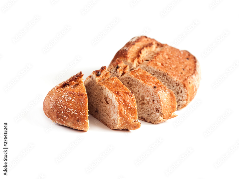 Loaf of whole wheat bread with slices isolated on white background Loaf of whole wheat bread with slices isolated on white background
