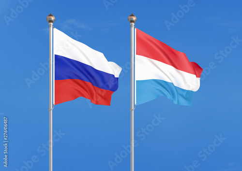 Russia vs Luxembourg. Thick colored silky flags of Russia and Luxembourg. 3D illustration on sky background. – Illustration