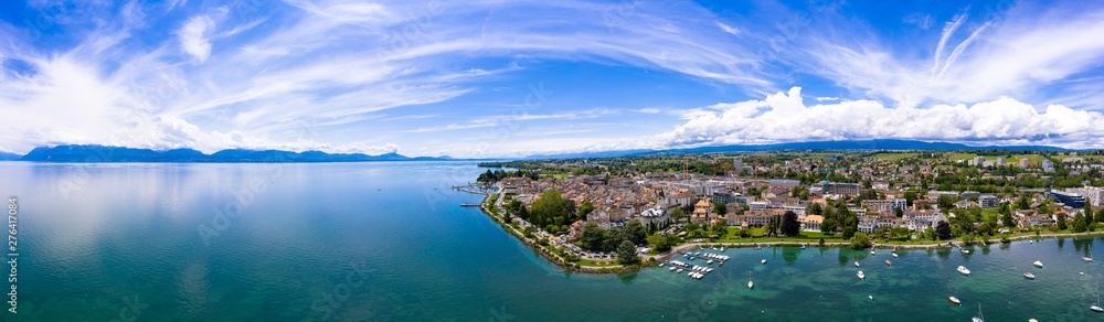 Panoramic aerial view of Morges city waterfront in the border of the Leman Lake in  Switzerland
