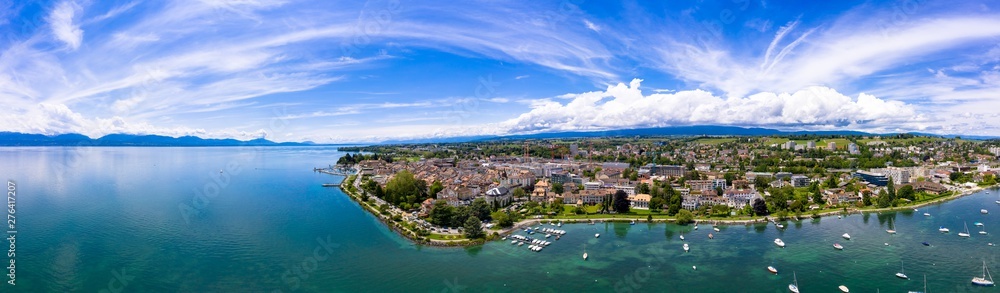Panoramic aerial view of Morges city waterfront in the border of the Leman Lake in Switzerland Panoramic aerial view of Morges city waterfront in the border of the Leman Lake in Switzerland