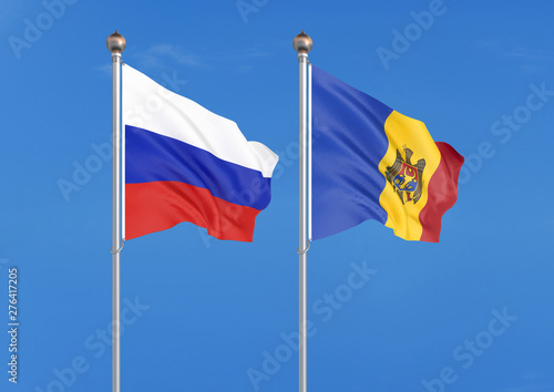 Russia vs Moldavia. Thick colored silky flags of Russia and Moldavia. 3D illustration on sky background. – Illustration