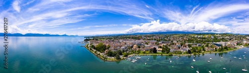 Panoramic aerial view of Morges city waterfront in the border of the Leman Lake in Switzerland
