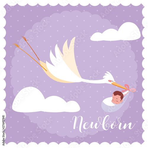 newborn card with stork flying and baby bag