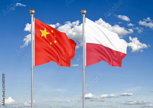 China vs Poland. Thick colored silky flags of European Union and Belgium. 3D illustration on sky background. – Illustration