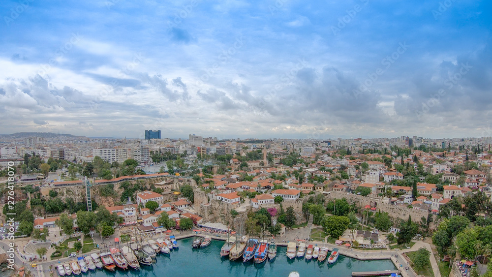 View of the old Antalya from the height of the drone or bird's-eye view. This is the area of the old town and the old harbor.