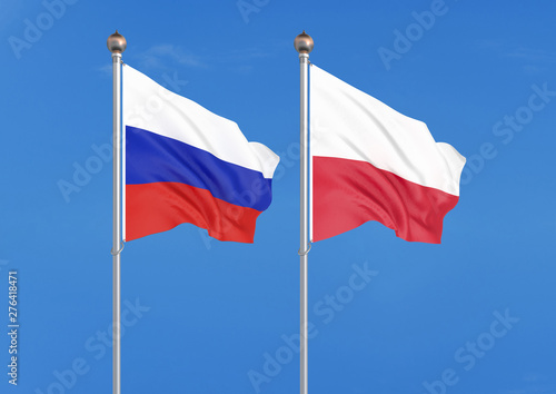 Russia vs Poland. Thick colored silky flags of Russia and Poland. 3D illustration on sky background. – Illustration