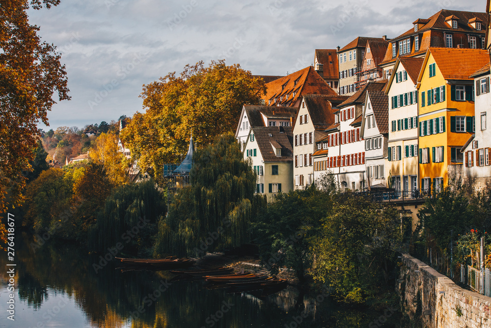 Fototapeta premium Tuebingen in the Stuttgart city ,Germany Colorful house in riverside and blue sky. Beautiful old city in Europe.
