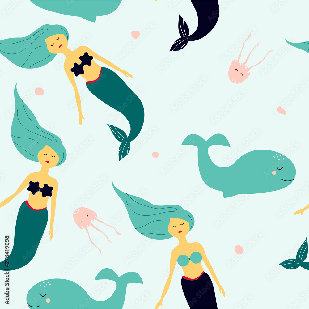 Seamless pattern with swimming mermaid and whales. Fantasy fairy character. Seamless pattern with swimming mermaid and whales. Fantasy fairy character.