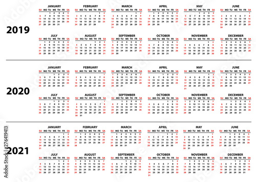 Calendar for 2019, 2020 and 2021 years in English in simple style on a white background. Week starts on Sunday. Vector illustration