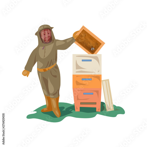 Beekeeper in clothes equipment takes wood honey frame